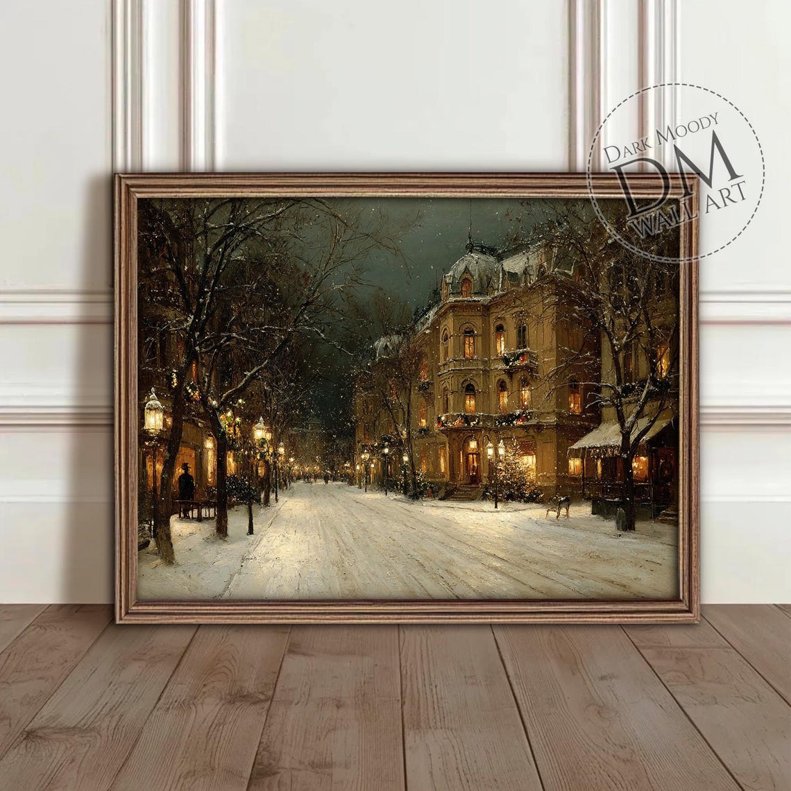 Snowy Victorian Avenue Lamplit Mansions Vintage Christmas Poster