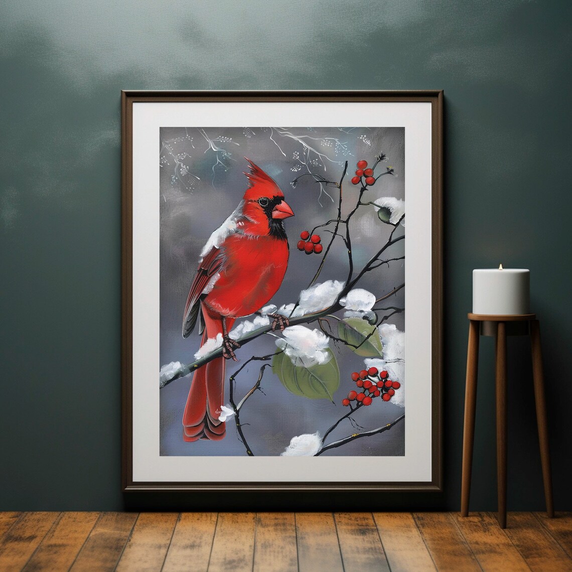 Red Cardinal Snow Winter Painting Red Berries Branch Bird Poster - Image 4