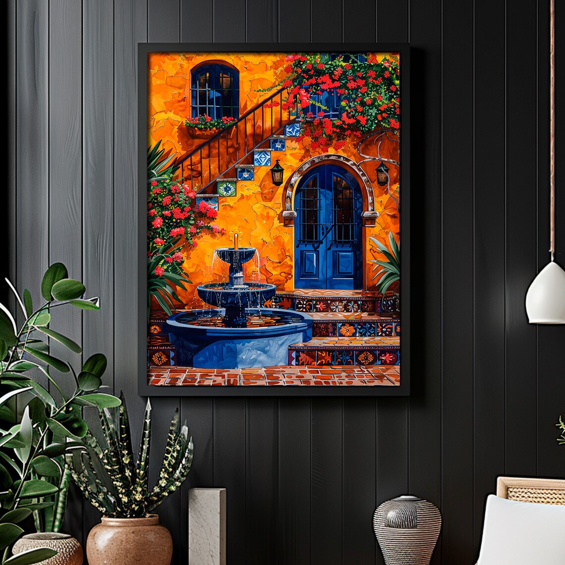 Mexican Courtyard Blue Fountain Orange Wall Stairs Bougainvillea Art Print - Image 3