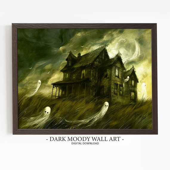 Haunted House Print Halloween Spooky Manor Painting Dark Moody Wall Art Macabre Art