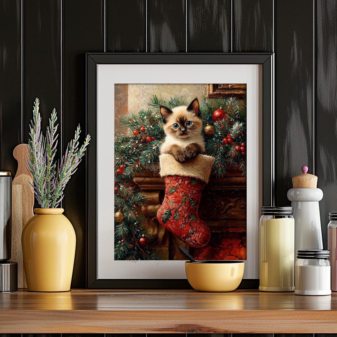 Siamese Kitten in Christmas Stocking Vintage Holiday Wall Art - Image 4