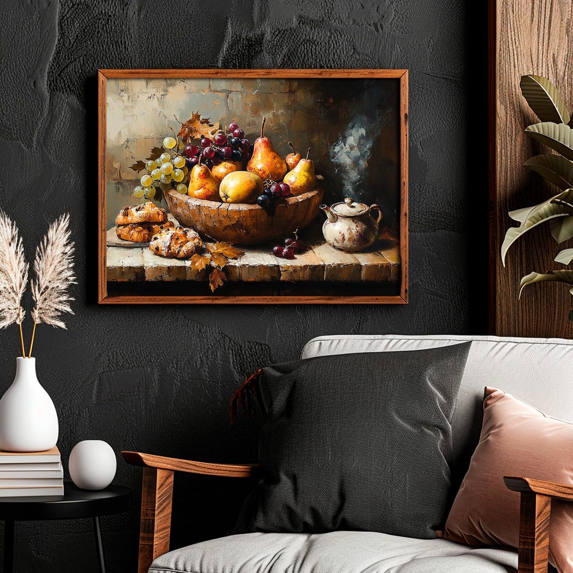 Pears Grapes Pastries Rustic Table Autumn Still Life Wall Art - Image 4