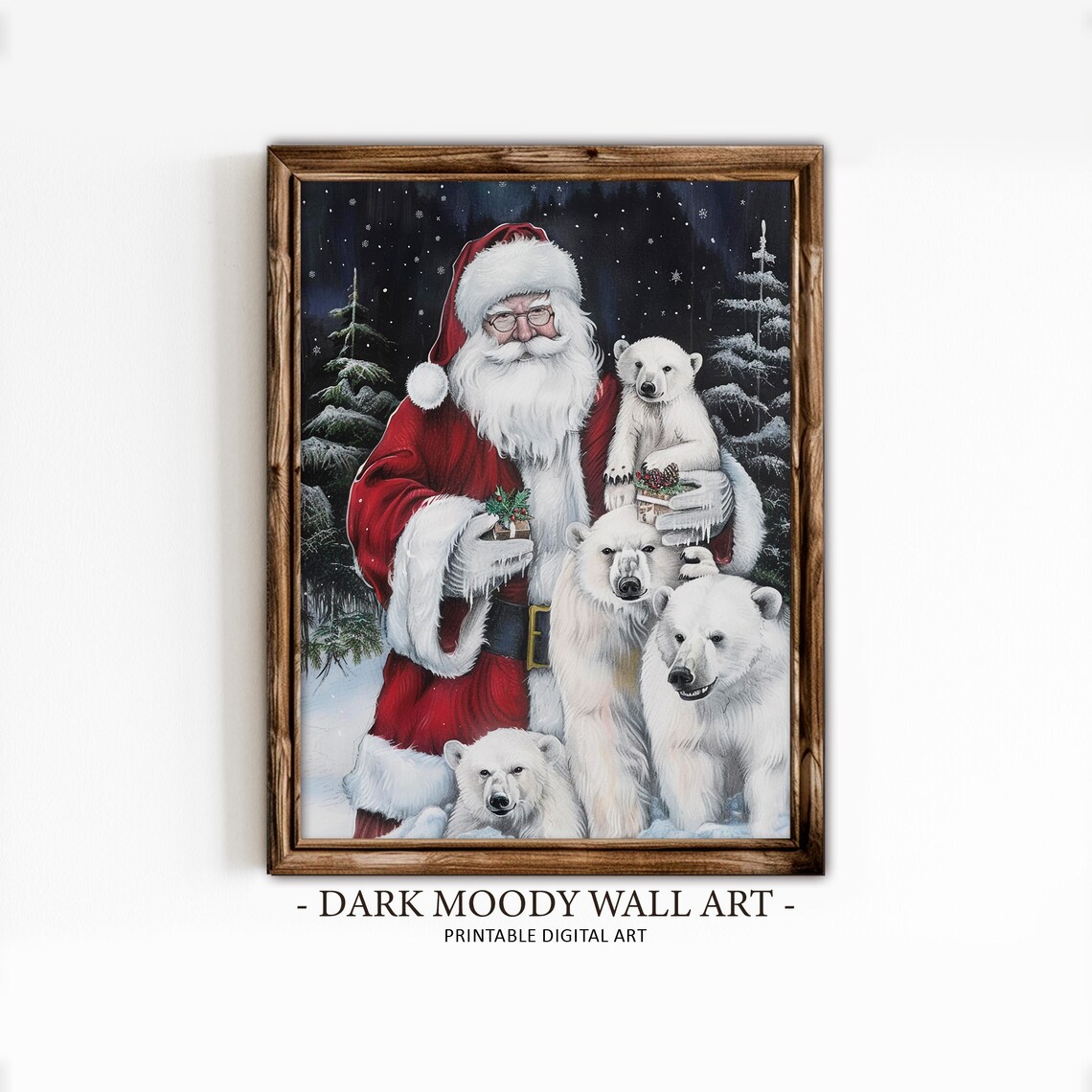 Santa Claus Polar Bear Cubs Snowy Forest Christmas Painting Poster