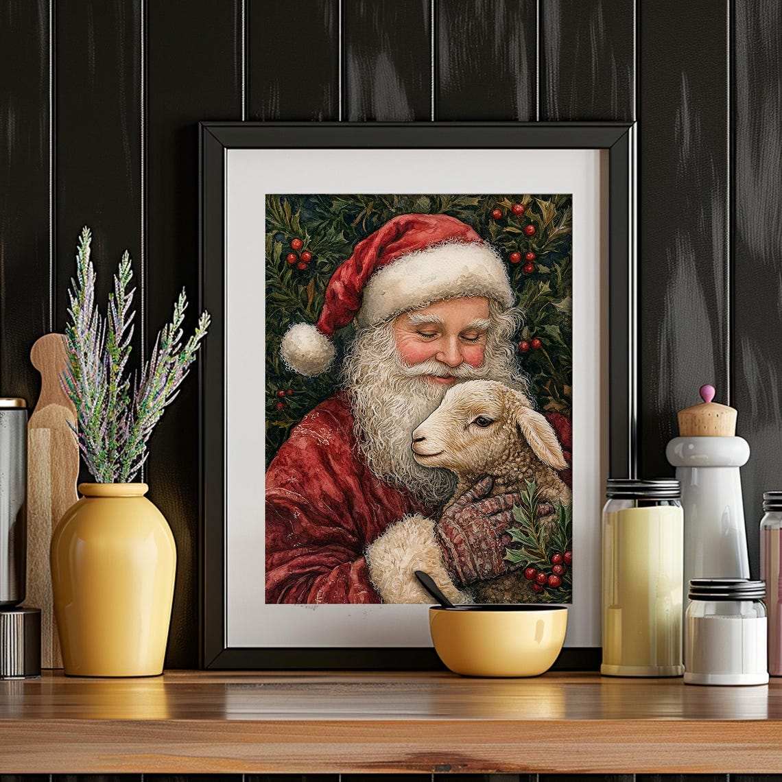 Santa Claus Holding a Lamb Holly Berries Gentle Christmas Art Poster - Image 4