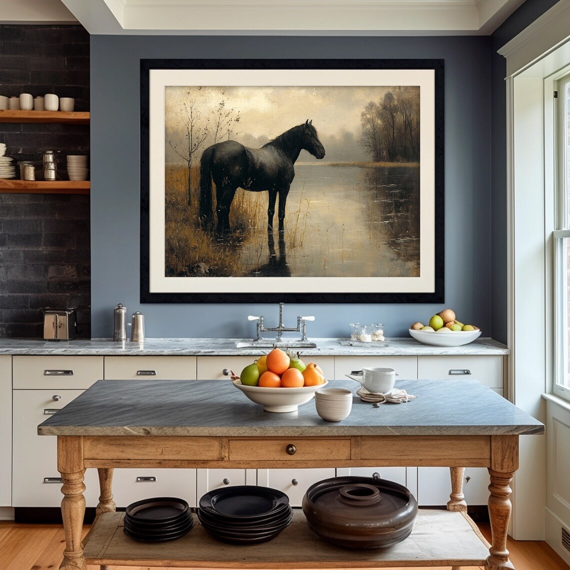 Black Horse Standing In Marsh Water Dark Moody Equine Painting Poster - Image 4