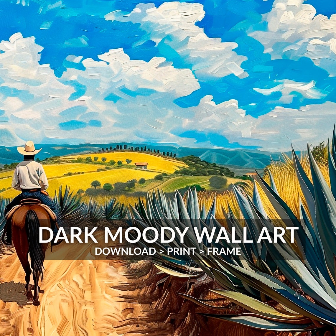 Cowboy Horse Agave Fields Colorful Mexican Landscape Painting Poster - Image 2