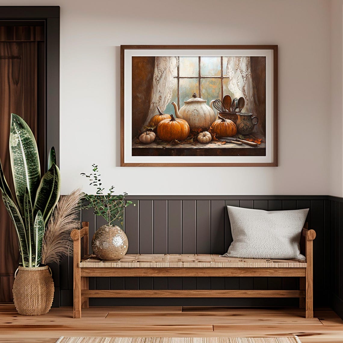 Pumpkins And Teapot Kitchen Window Autumn Still Life Wall Art - Image 2