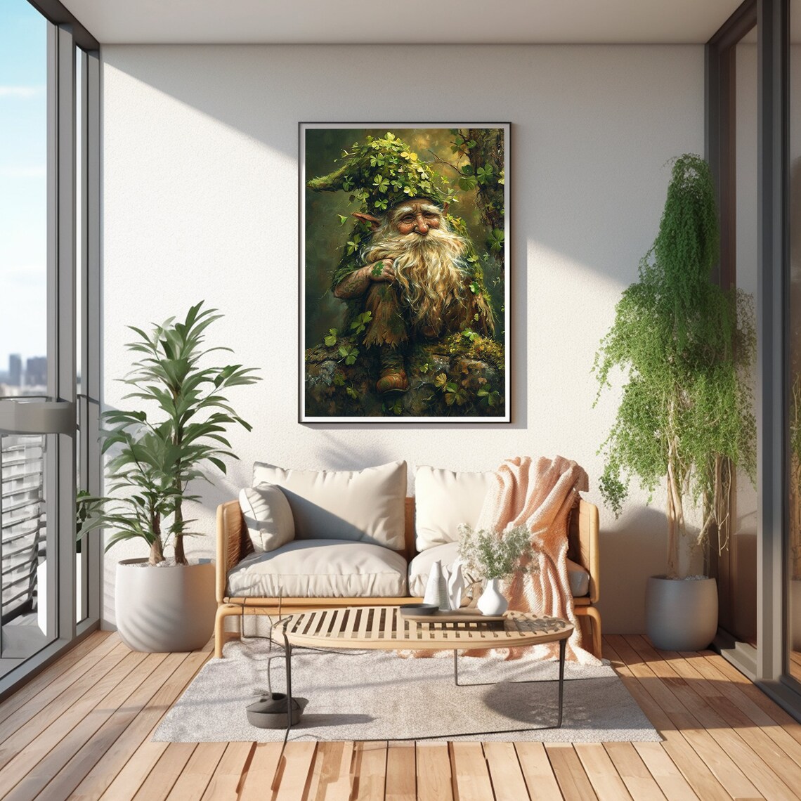 Forest Gnome With Clover Hat Dark Moody Vintage Oil Painting Wall Art - Image 4
