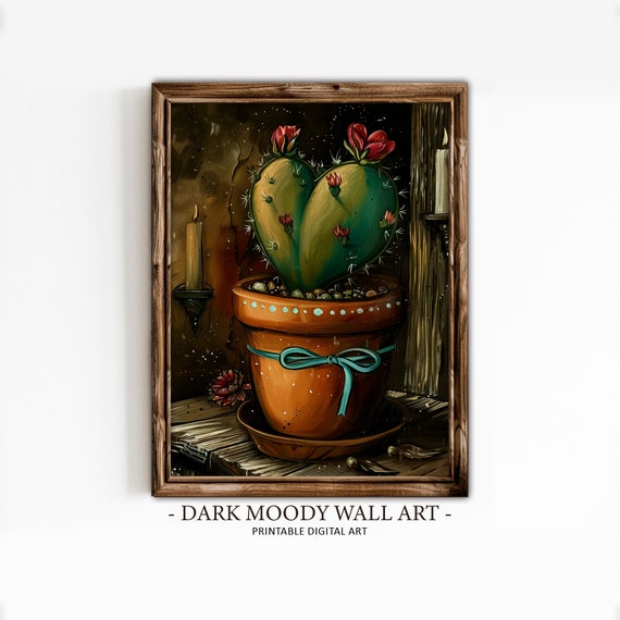 Moody Cactus Print Mexican Wall Art Dark Academia Decor Gothic Flower Still Life Dark Moody Floral Cactus Print