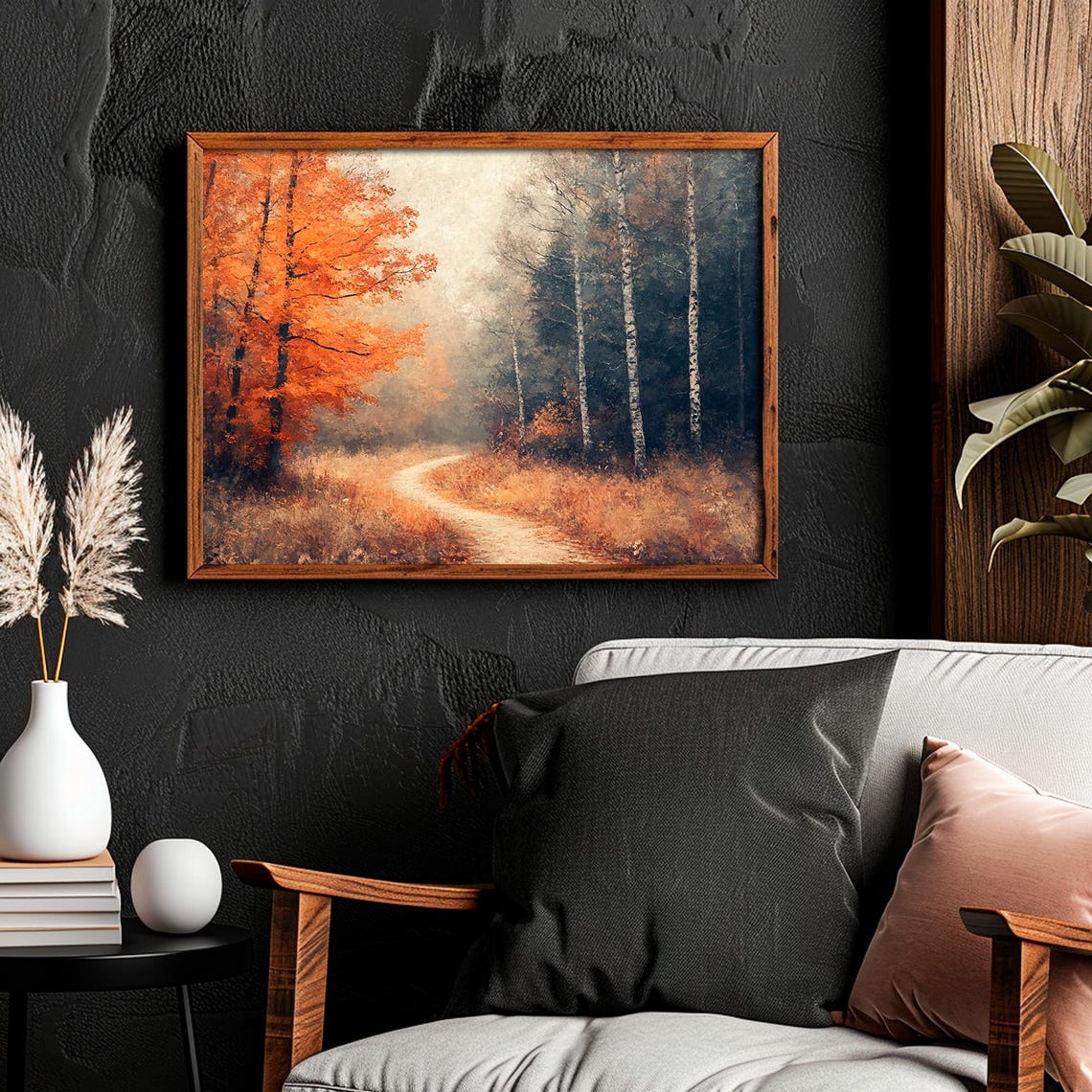 Misty Autumn Forest Path With Birch Trees Warm Orange Foliage Poster - Image 4