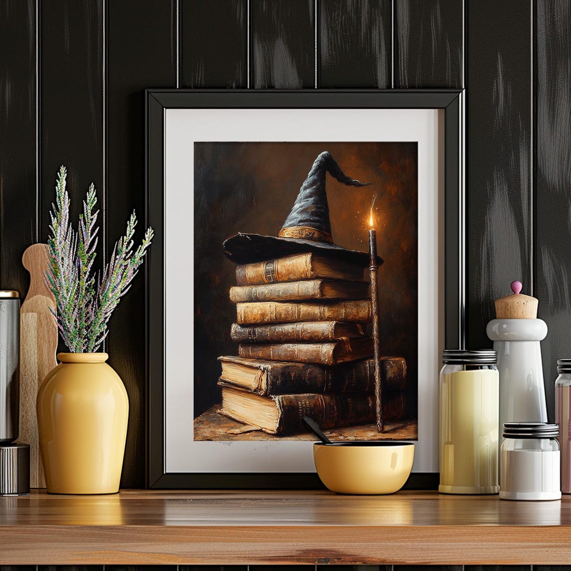 Witch Hat Stacked Books Burning Candle Wand Dark Halloween Poster - Image 4