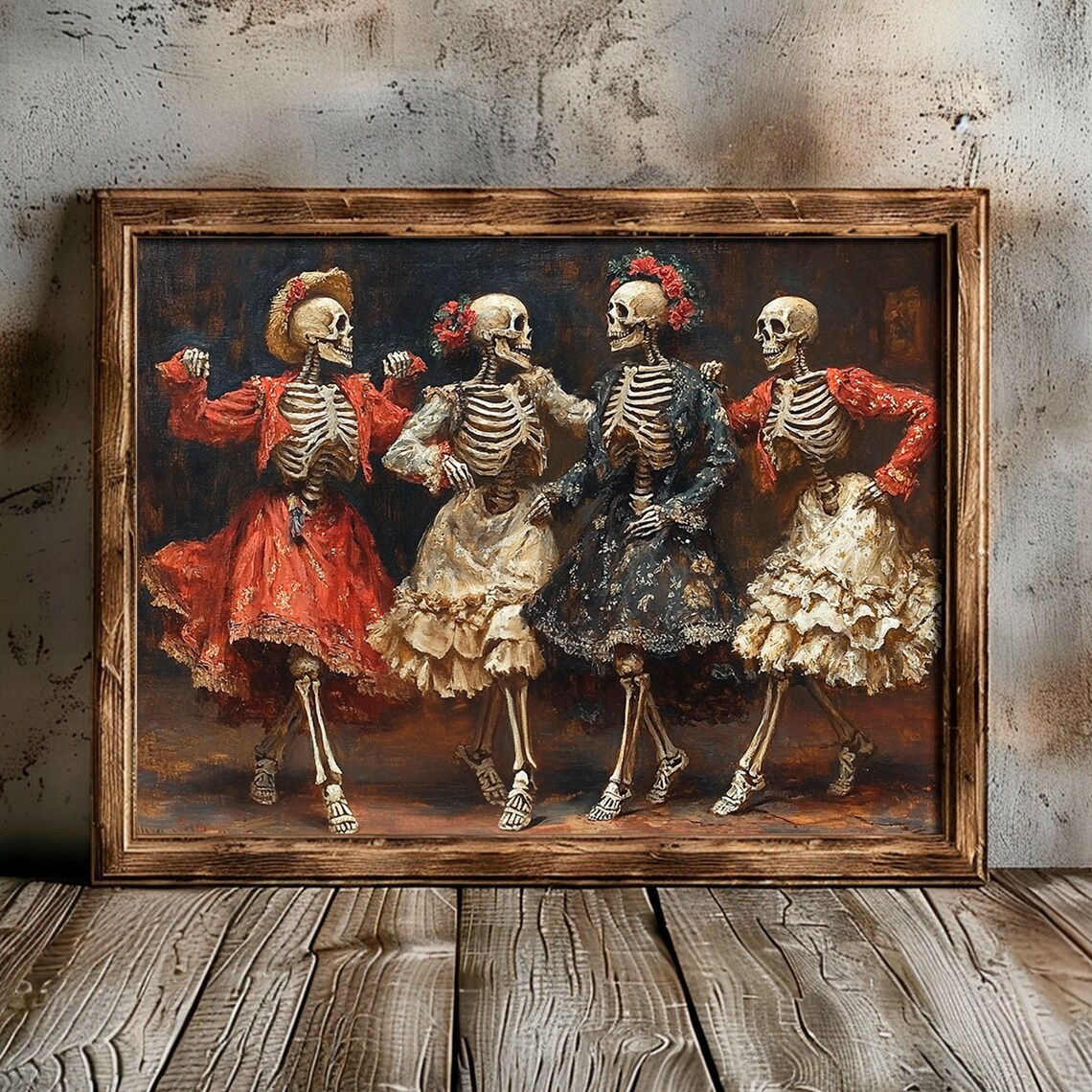 Dancing Skeleton Ladies Dia De Los Muertos Folk Painting Poster - Image 2
