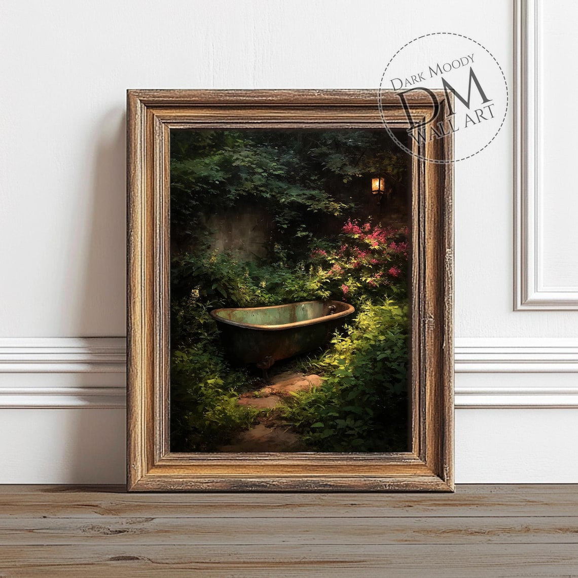 Vintage Outdoor Bathtub Moonlit Garden Moody Dark Oil Painting Poster