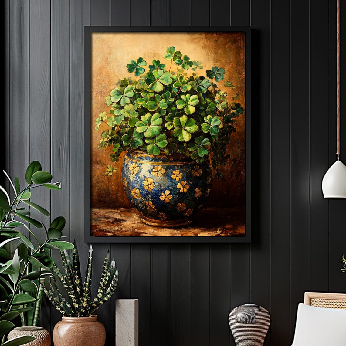 Shamrock Plant In Blue Patterned Vase Vintage Irish Botanical Wall Art - Image 5