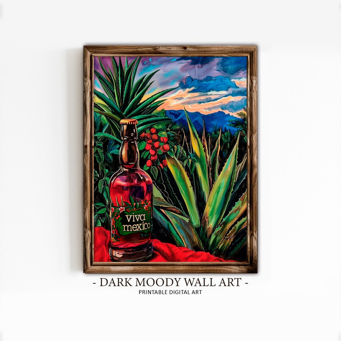 Viva Mexico Tequila Bottle Agave Field Sunset Colorful Art Poster
