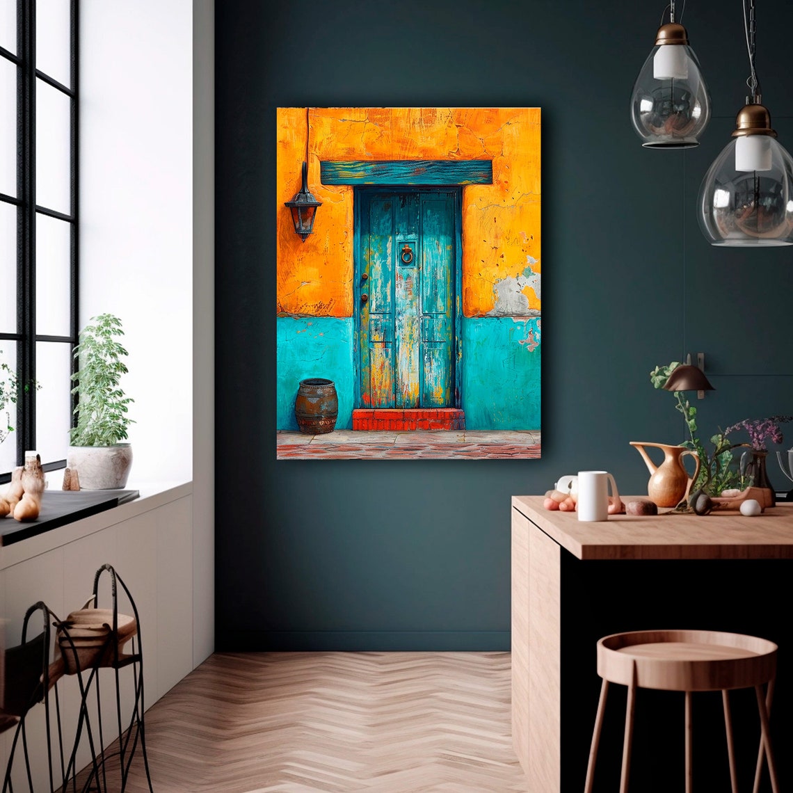 Turquoise Rustic Door Orange Wall Lantern Mexican Charm Art Poster - Image 4