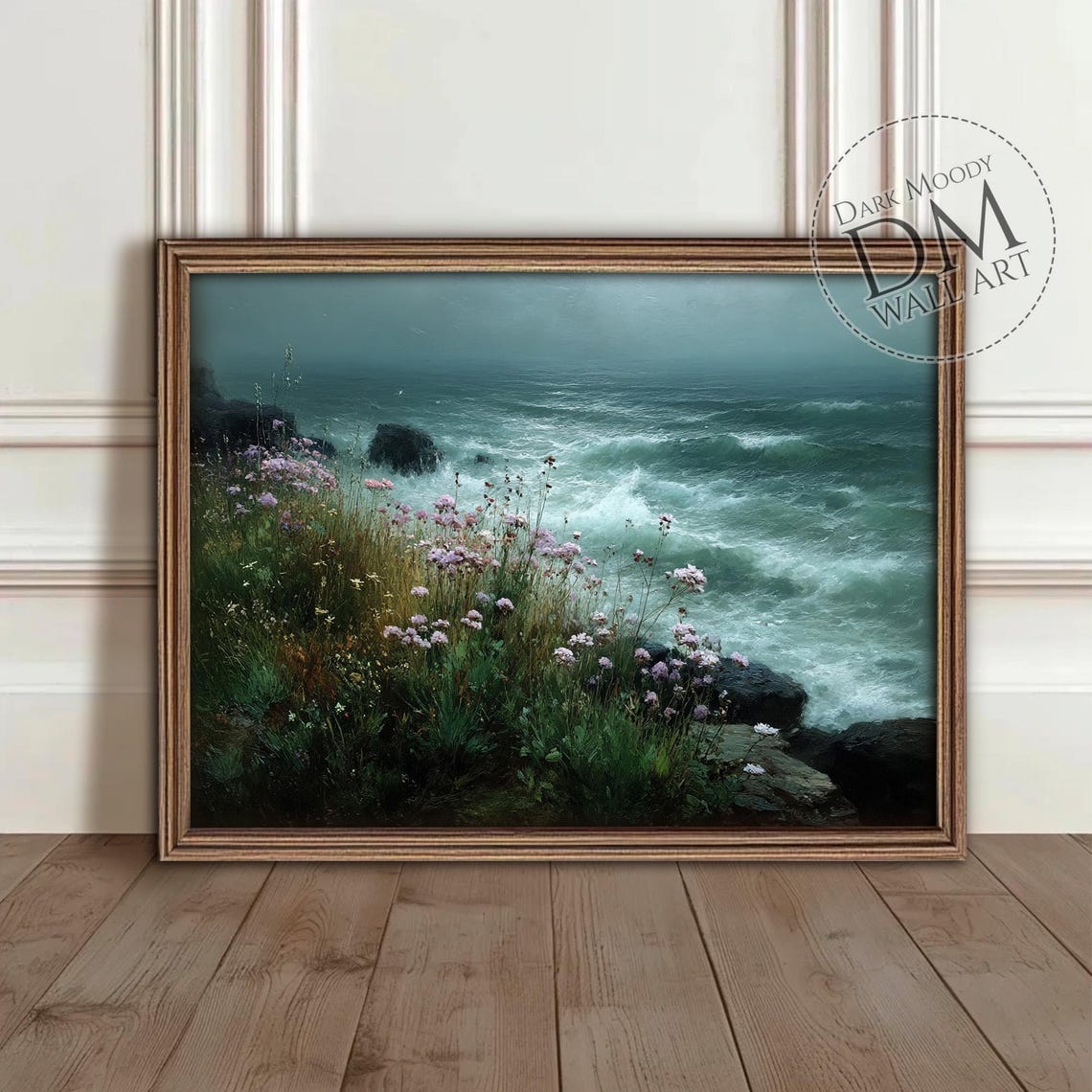 Stormy Ocean Wildflowers Moody Coastal Seascape Vintage Wall Art