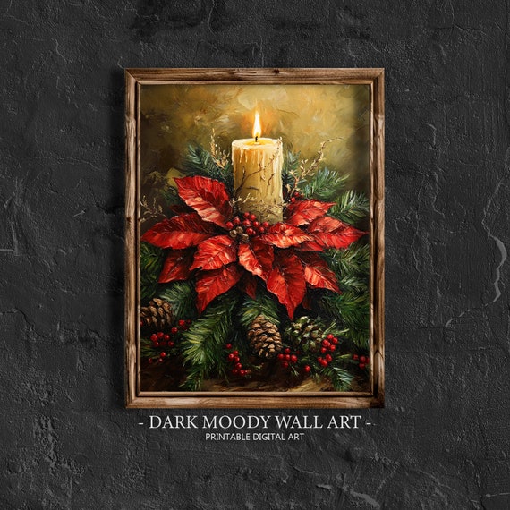 Christmas Poinsettia Print Christmas Wall Art Christmas Candle With Flower Vintage Farmhouse Decor Dark Moody Wall Art