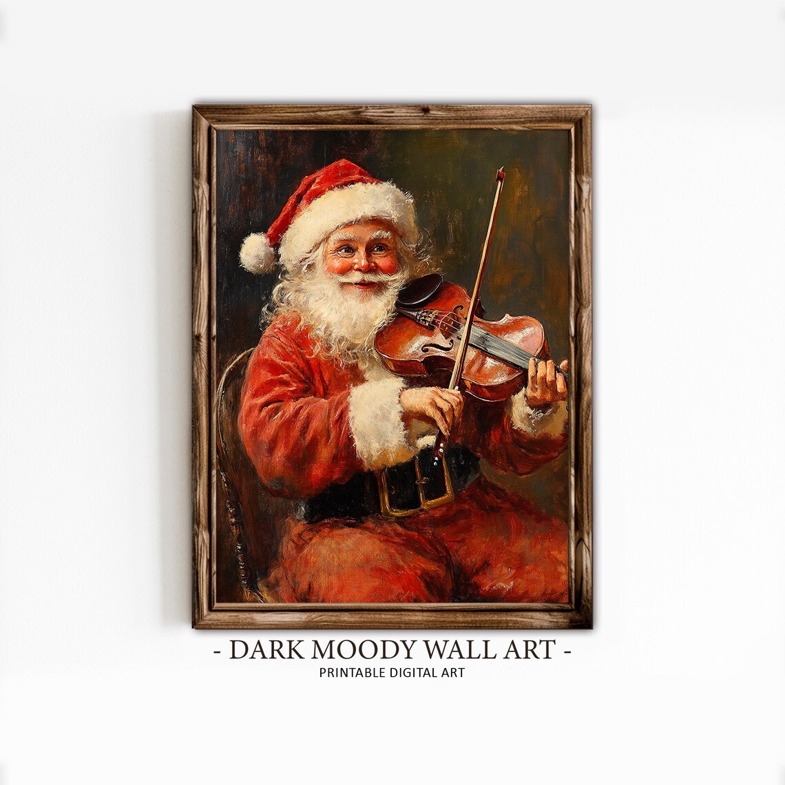 Cheerful Santa Playing Violin Vintage Christmas Music Scene Print
