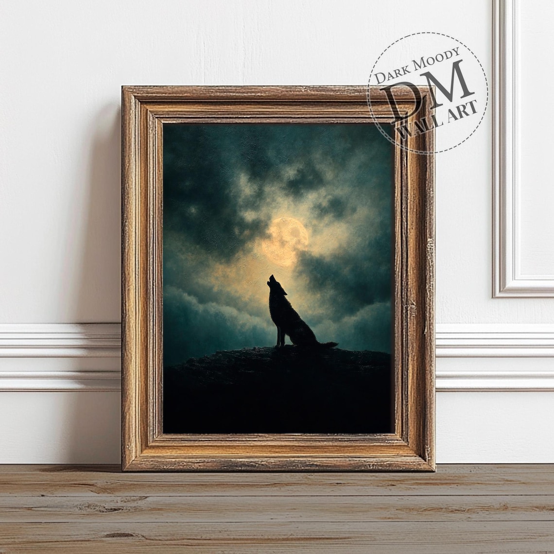 Lone Wolf Howling At Moon In Clouds Dark Silhouette Wildlife Art Poster