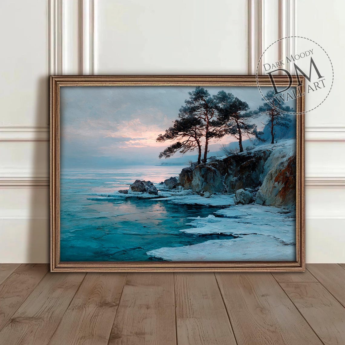 Scandinavian Winter Icy Shoreline Pines Sunset Serene Wall Art