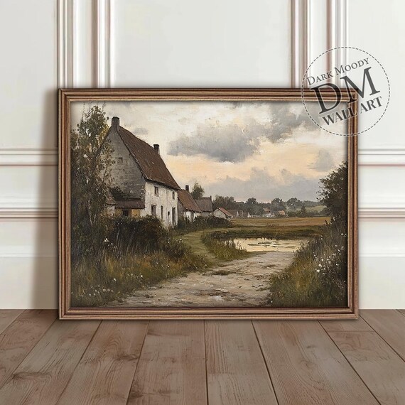 Thatched Village Cottages by a Quiet Pond Vintage Landscape Poster