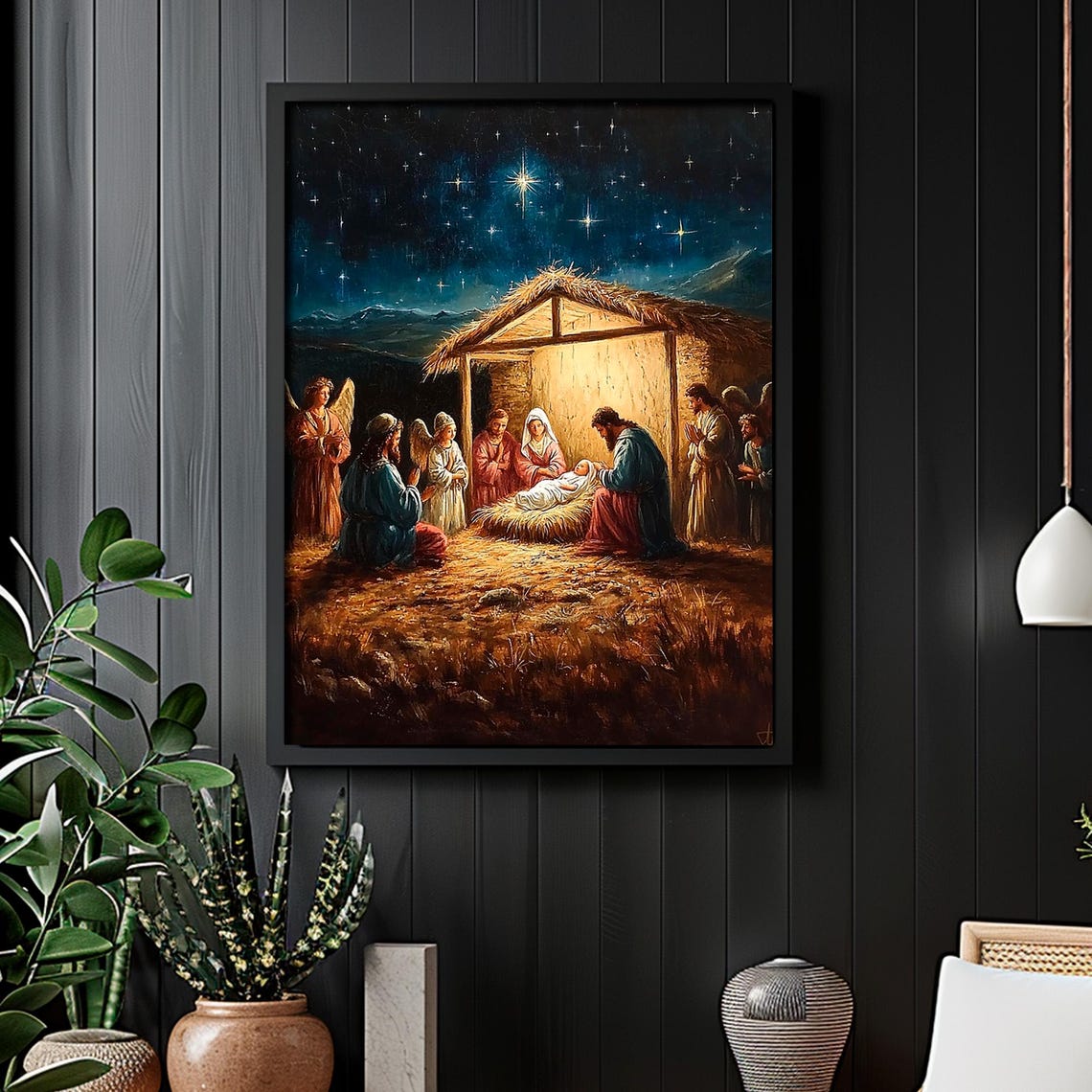 Nativity Scene Holy Family In Stable Under Starry Night Sky Wall Art - Image 4