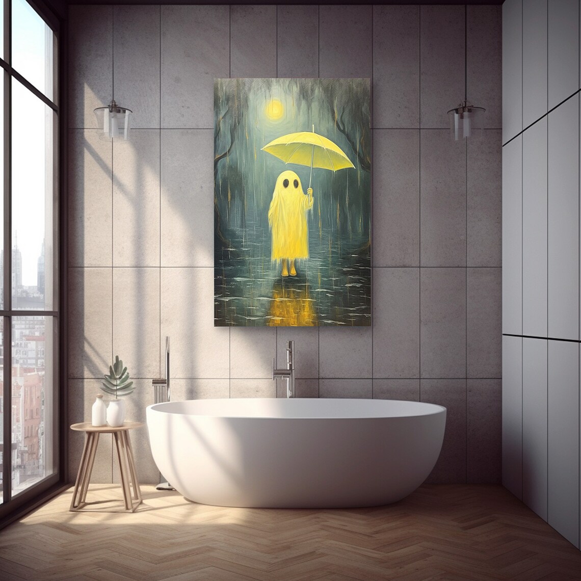Cute Ghost With Yellow Umbrella in Rainy Forest Moonlight Halloween Painting Poster - Image 4