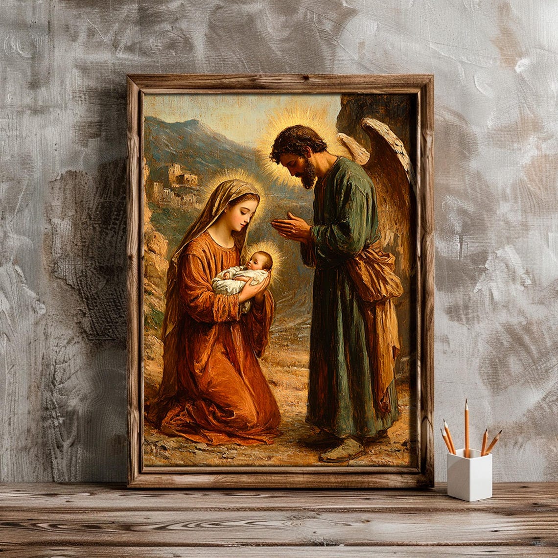 Classic Nativity Mary and Jesus Joseph Praying Angel Painting Poster - Image 2