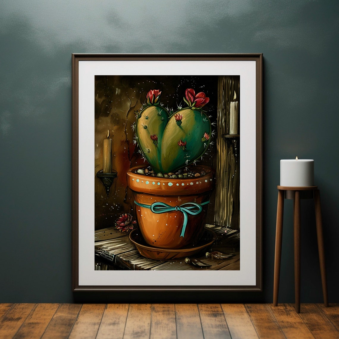 Heart Cactus Terracotta Pot Red Blooms Dark Moody Still Life Poster - Image 5