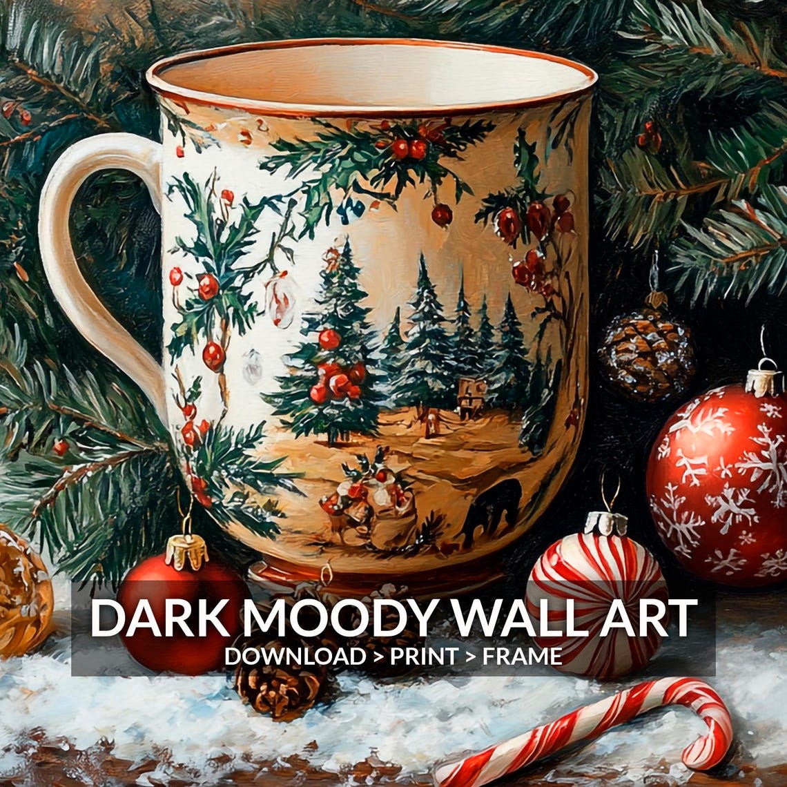 Christmas Mug With Ornaments and Candy Cane on Snowy Sill Wall Art - Image 6