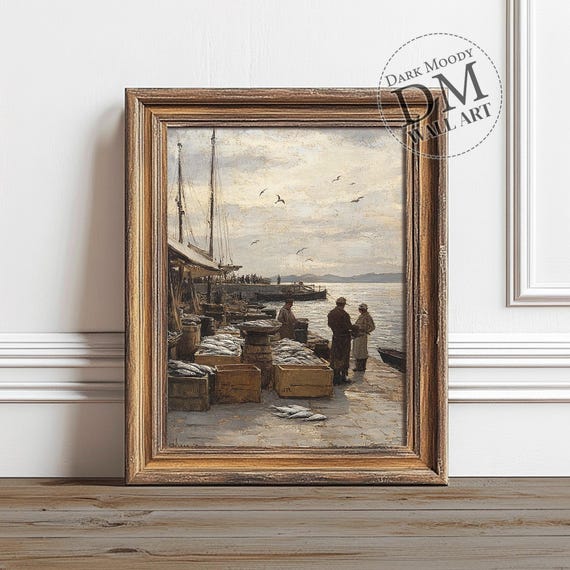 Vintage Fishing Harbor Poster Print, Coastal Market