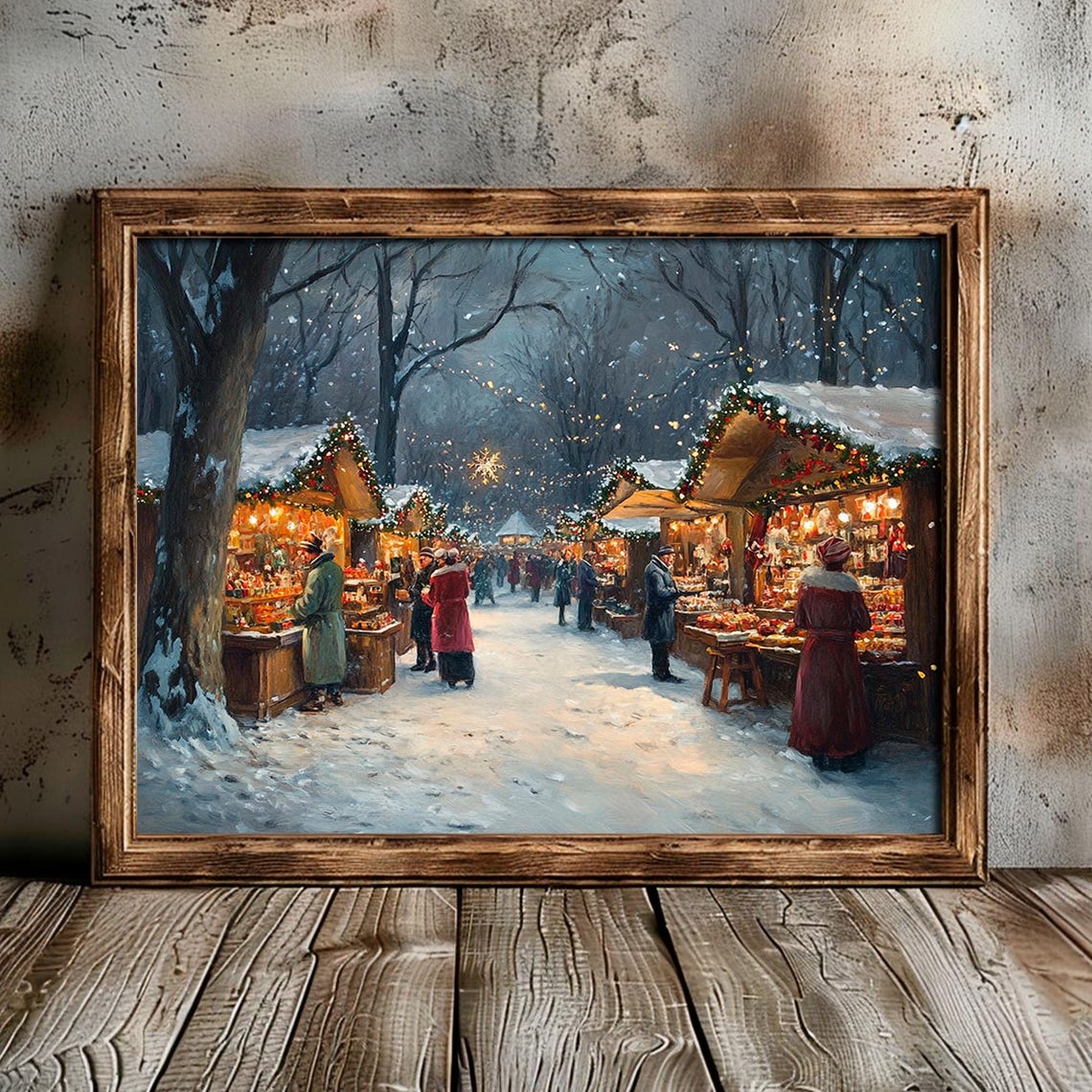 Snowy Park Christmas Market Stalls Evening Shoppers Painting Poster - Image 2
