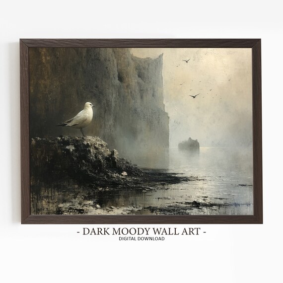 Lone Seagull on Rocky Shore Misty Sea Cliffs Dark Moody Seascape Painting Poster