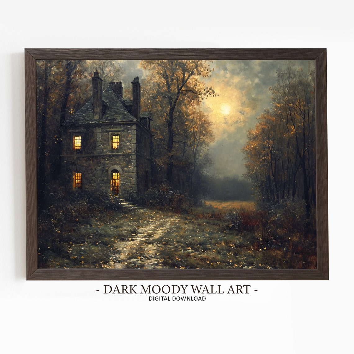 Stone Cottage with Lit Windows in an Autumn Forest at Night Art Poster