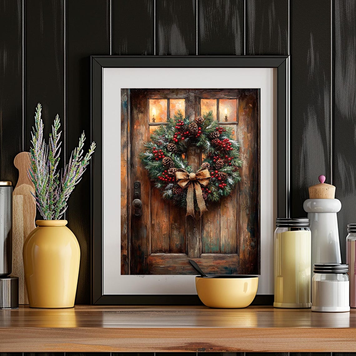 Christmas Wreath on Rustic Wooden Door Candlelit Holiday Wall Art - Image 5