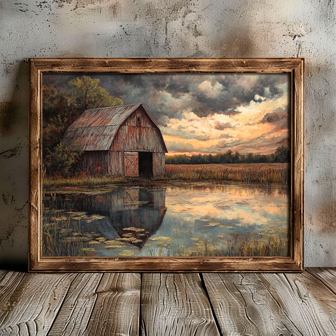 Rustic Red Barn Pond Reflection Sunset Farmland Country Art Poster - Image 2