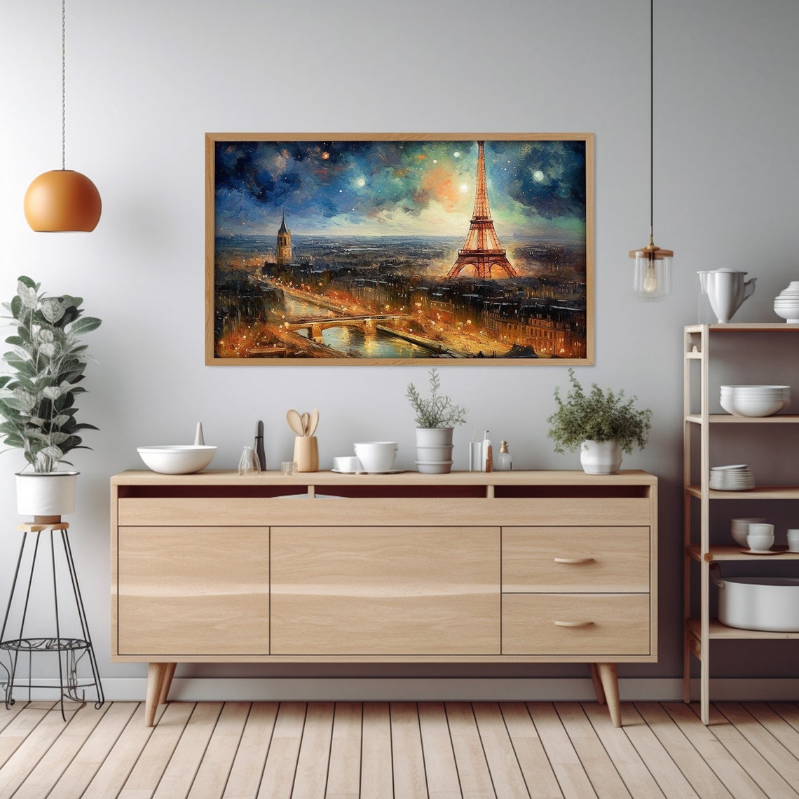 Paris Night Eiffel Tower Cityscape Starry Sky Painting Poster - Image 2