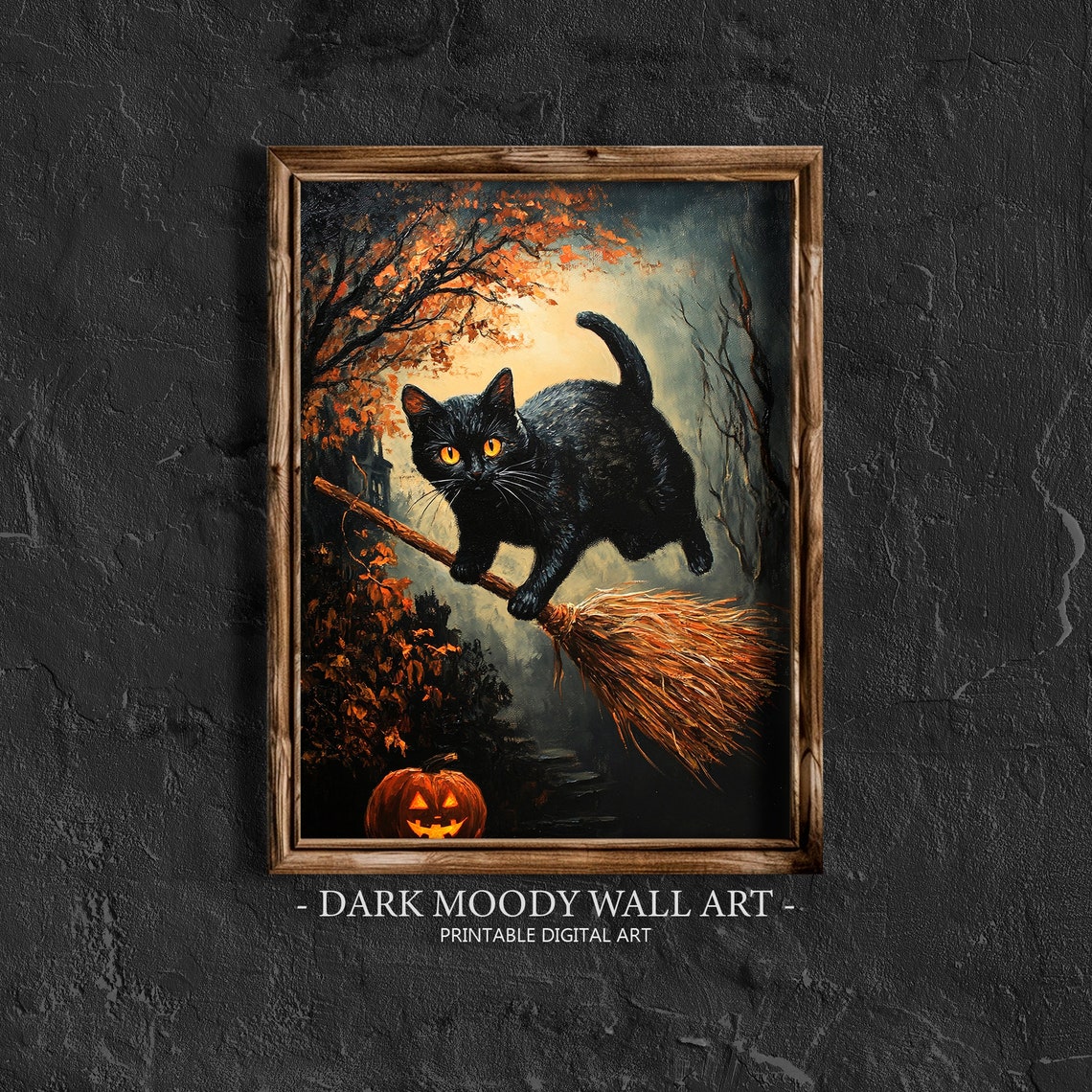 Black Cat Riding Broomstick Halloween Moonlit Night Flight Poster