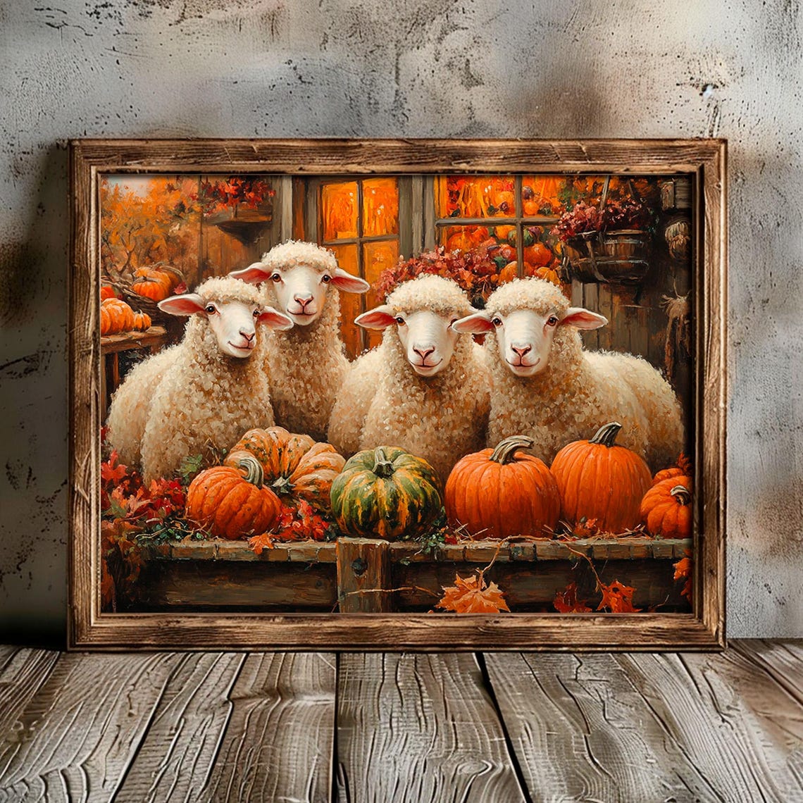 Sheep And Pumpkins Farm Stand Autumn Harvest Painting Wall Art - Image 6