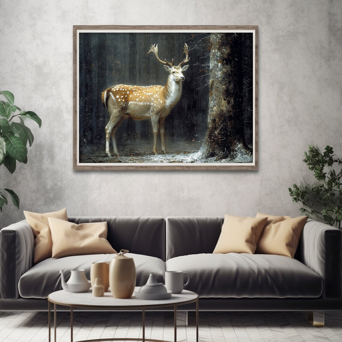Fallow Deer Stag With Antlers in Dark Winter Forest Moody Wildlife Painting Poster - Image 6