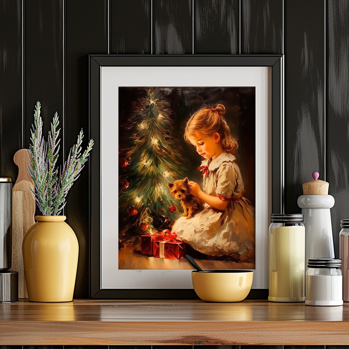Victorian Girl With Puppy Christmas Tree Warm Painting Poster - Image 6