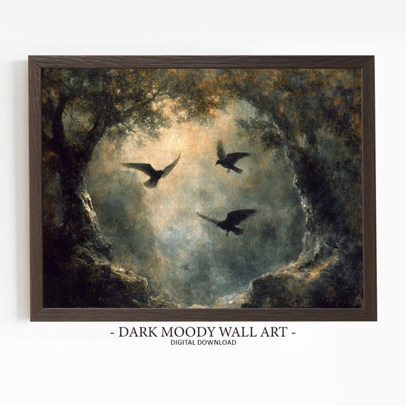 Dark Forest Painting Moody Moonlight Landscape Prints Dark Cottagecore Art Bird Print Rustic Wall Decor