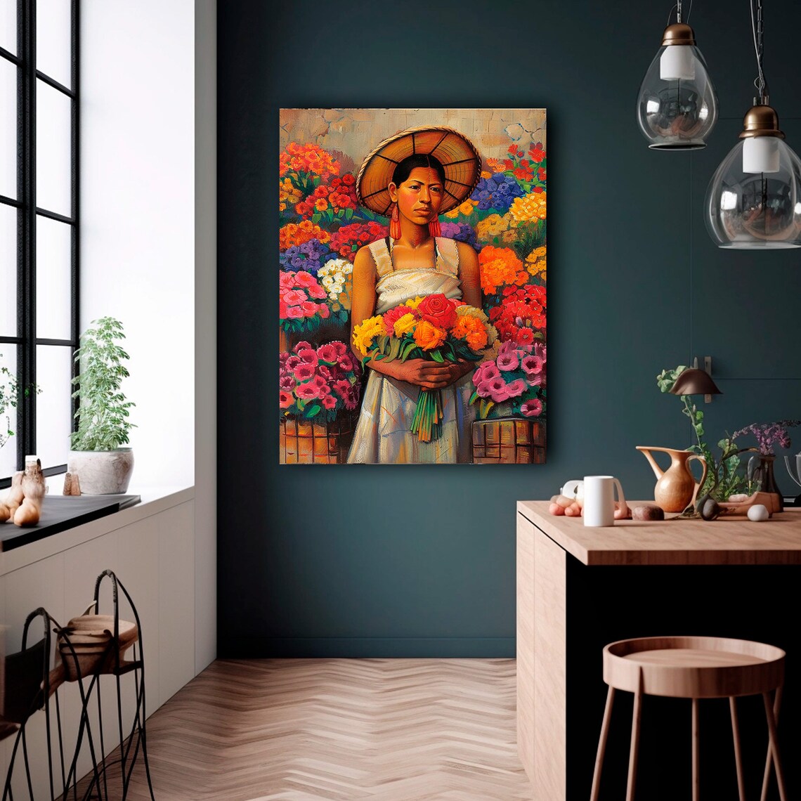 Mexican Flower Market Vendor Woman Bouquet Colorful Portrait Poster - Image 2