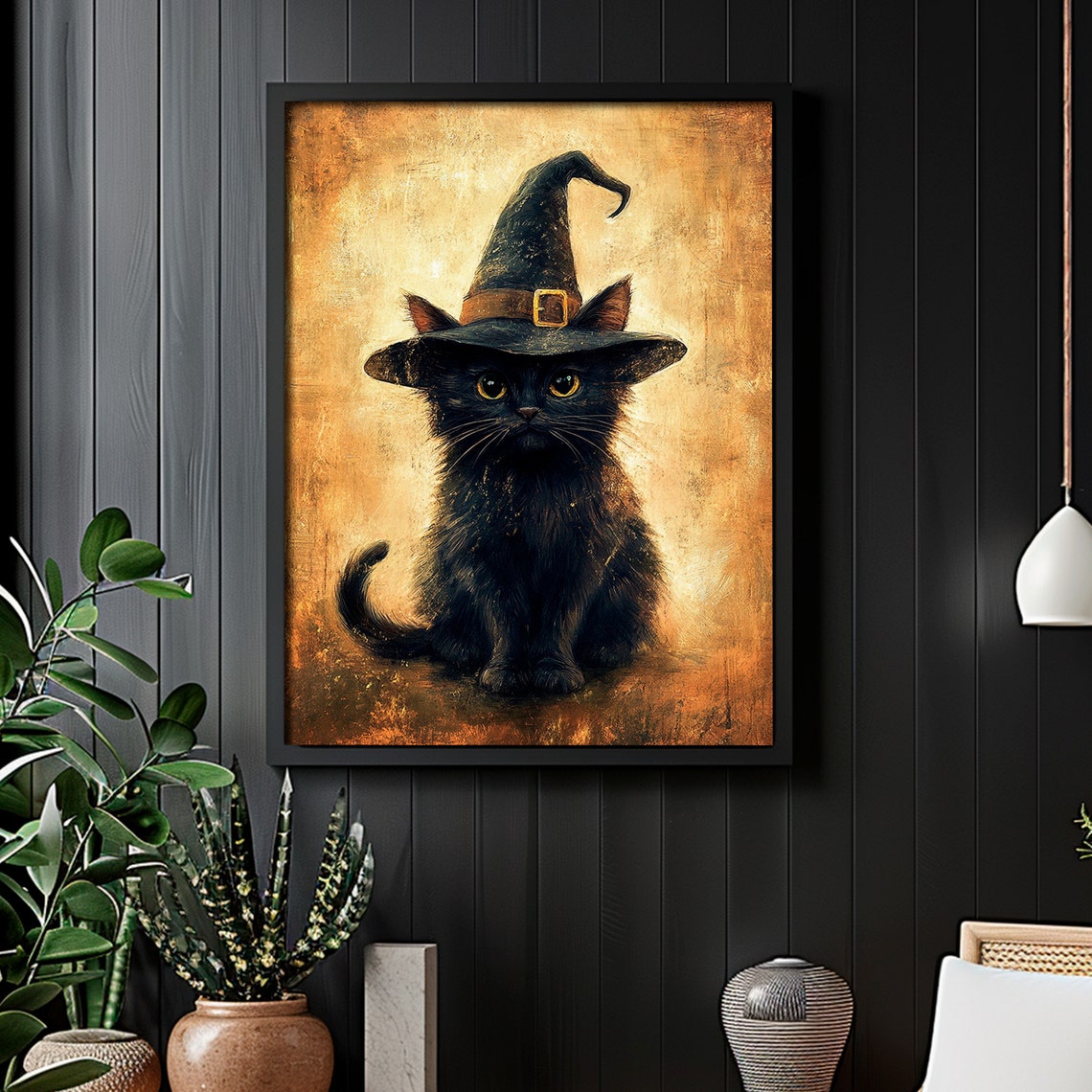 Black Cat Wearing Witch Hat Golden Vintage Painting Art Print - Image 5