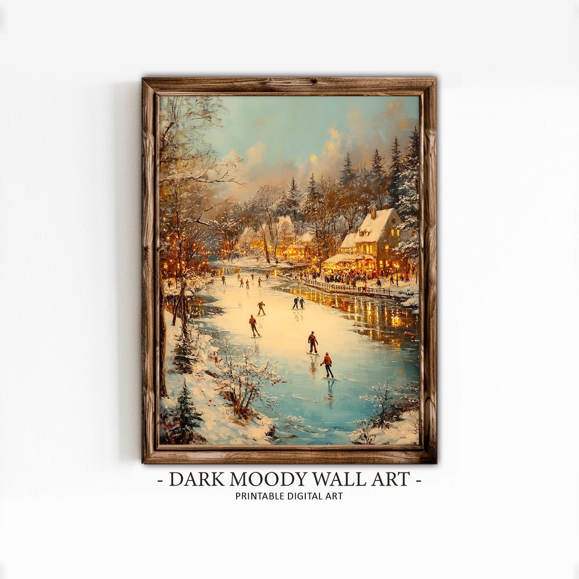Frozen River Skaters Glowing Winter Cabins Twilight Painting Poster