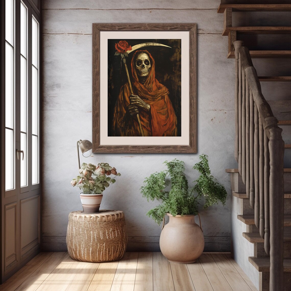 Santa Muerte Grim Reaper with Scythe and Rose Dark Gothic Art Poster - Image 4