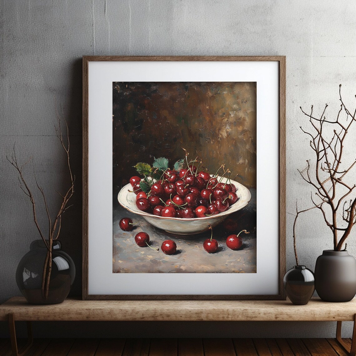 Cherry Print, Moody Fruit Still Life Painting - Image 3