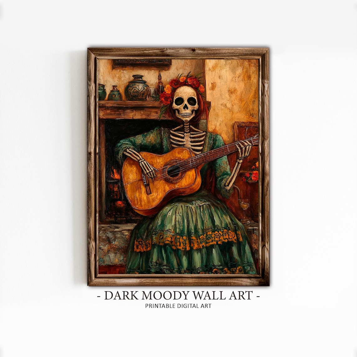 Day of the Dead Skeleton Woman Guitar Fireside Moody Wall Poster - Image 2