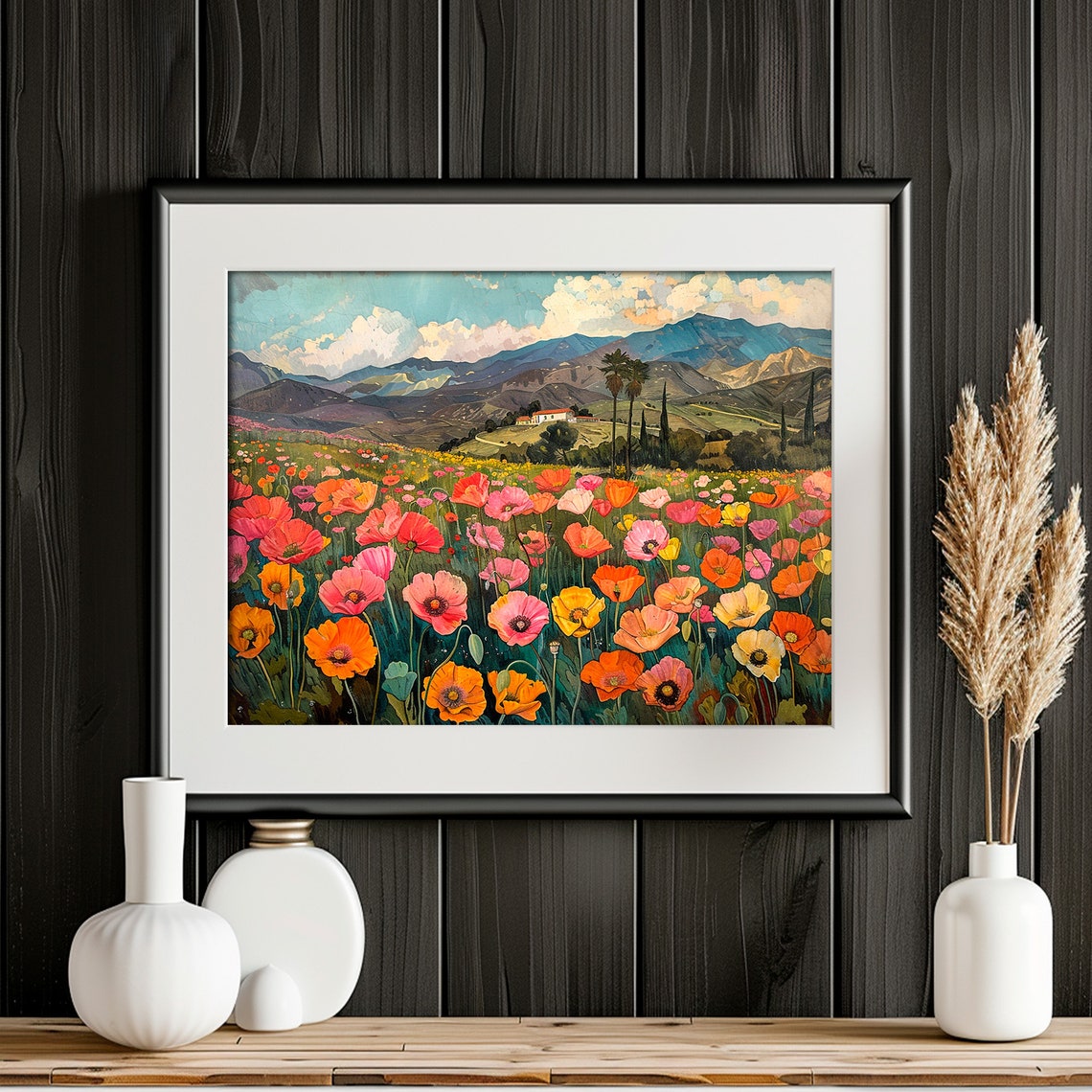 Wild Poppy Field Farmhouse Mountain Landscape Colorful Art Print - Image 2